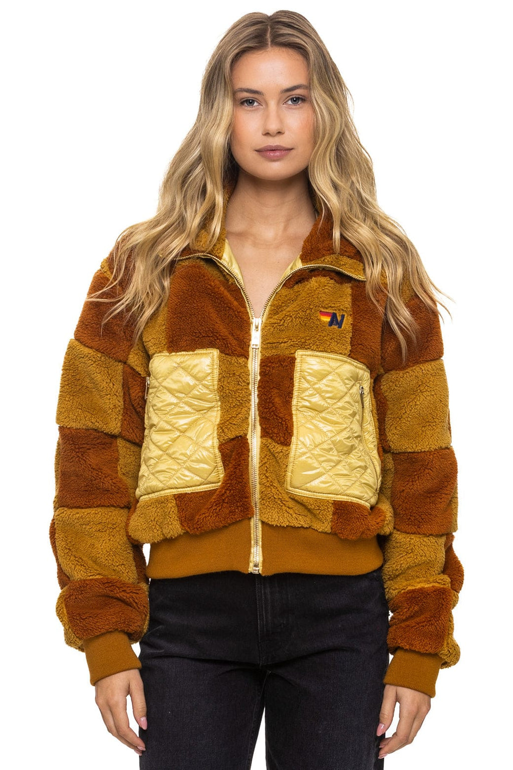 Retro TEDDY CHECKERBOARD WOMENS FULL ZIP JACKET - HONEY WHISKEY