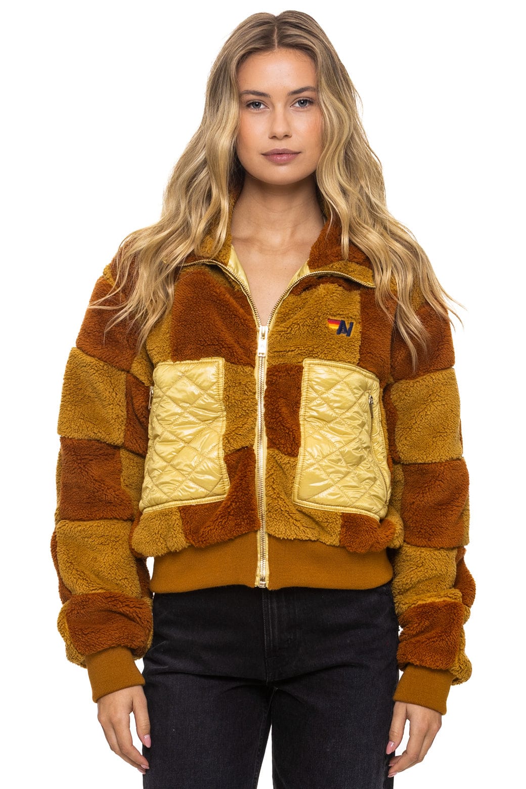 Retro TEDDY CHECKERBOARD WOMENS FULL ZIP JACKET - HONEY WHISKEY