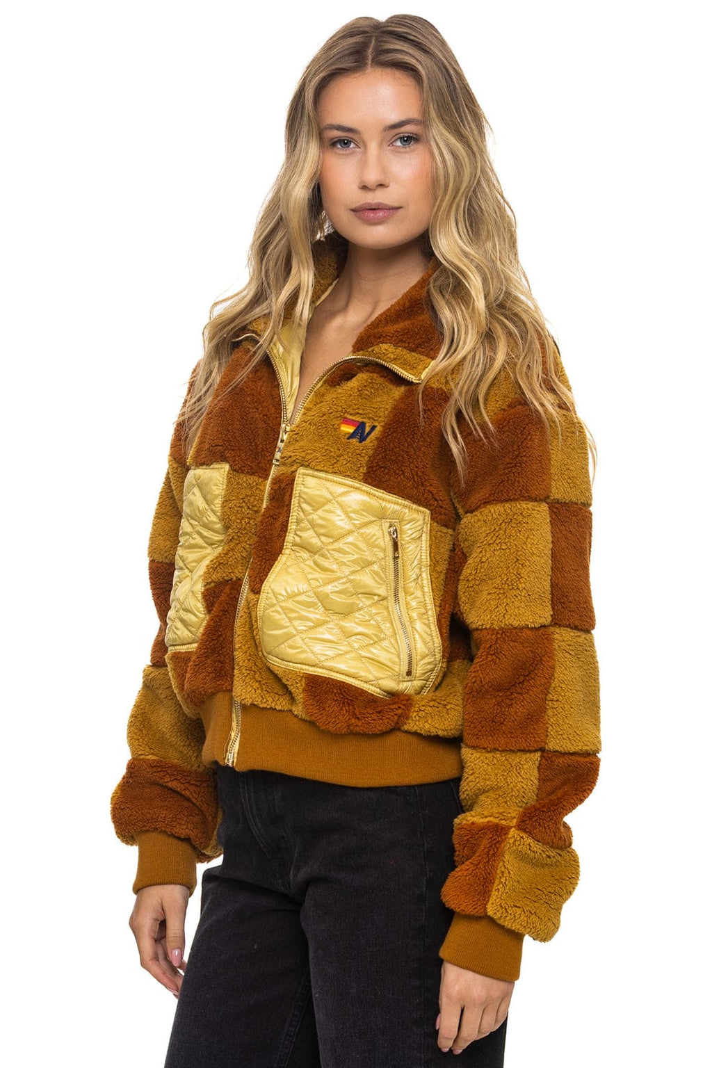 Retro TEDDY CHECKERBOARD WOMENS FULL ZIP JACKET - HONEY WHISKEY