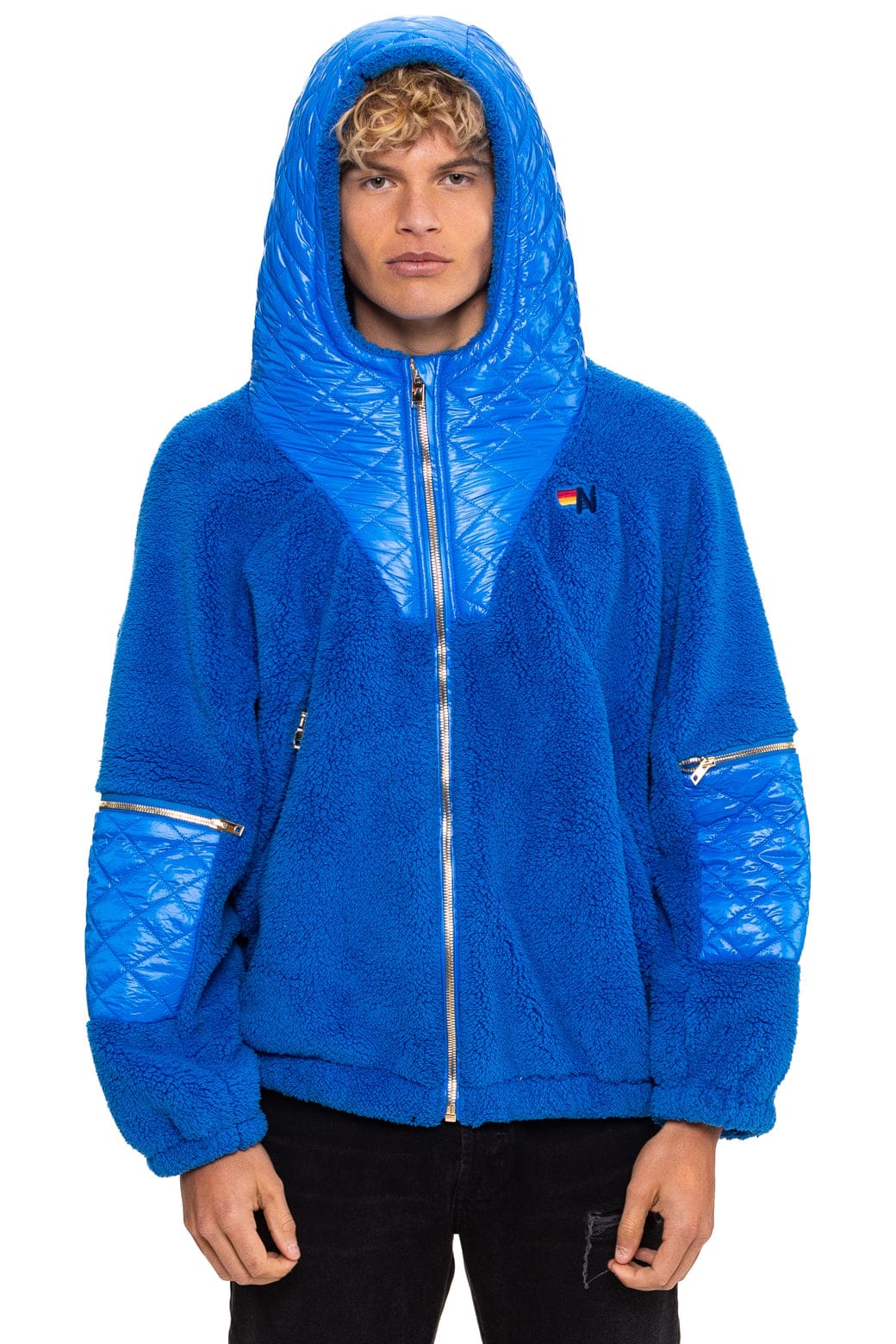 Retro TEDDY UNISEX OVERSIZED HOODED FULL ZIP JACKET - BLUE CINA