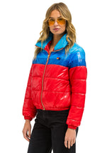 Retro COLOR BLOCK LUXE APRES PUFFER JACKET - GLOSSY CHERRY