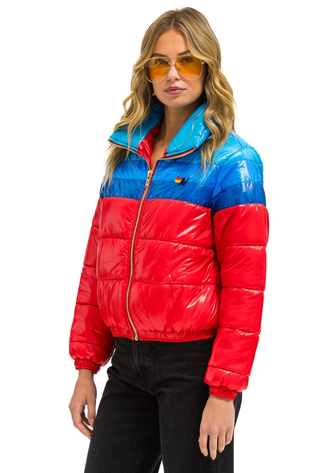 Retro COLOR BLOCK LUXE APRES PUFFER JACKET - GLOSSY CHERRY