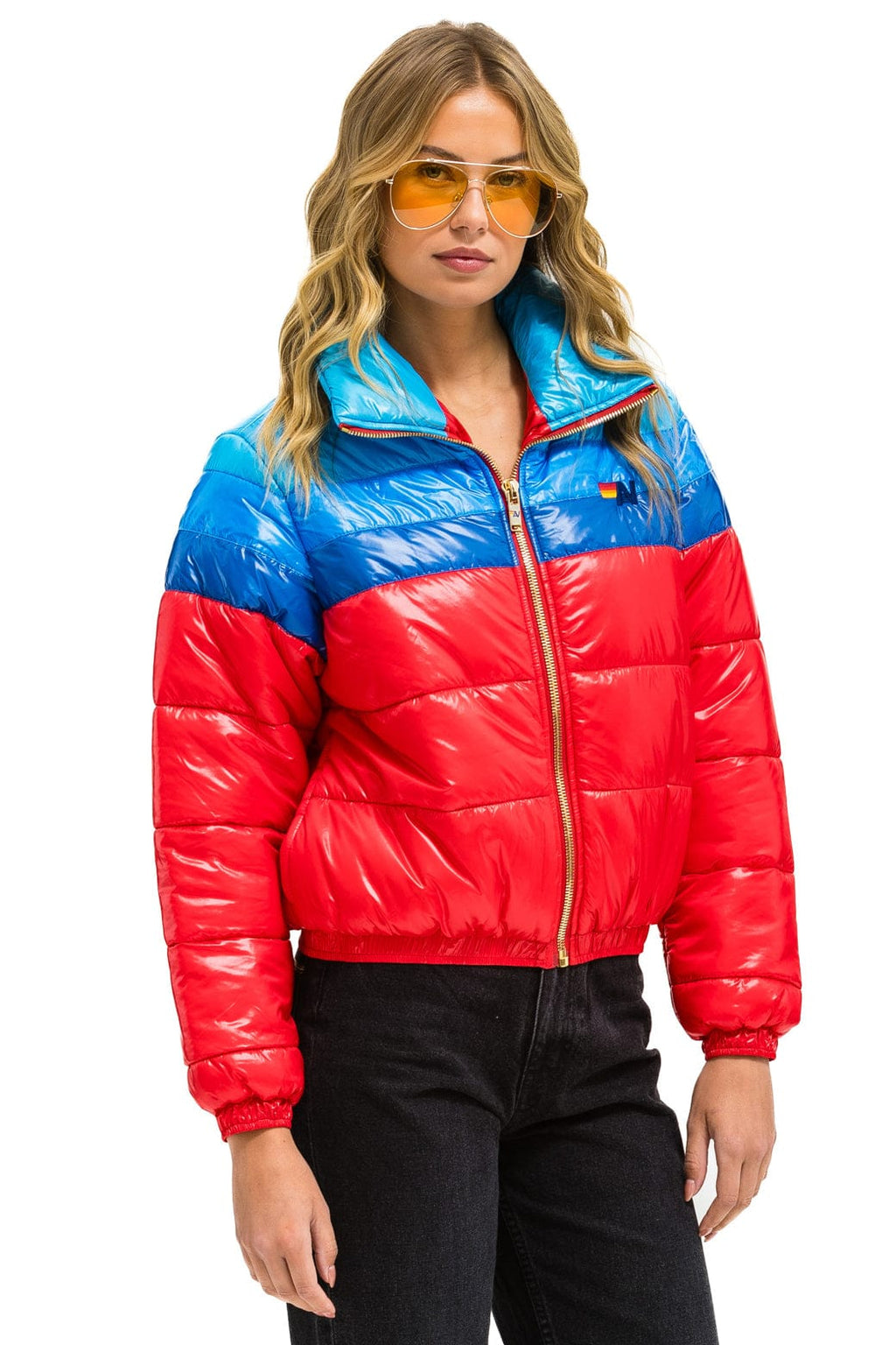 Retro COLOR BLOCK LUXE APRES PUFFER JACKET - GLOSSY CHERRY