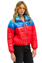 Retro COLOR BLOCK LUXE APRES PUFFER JACKET - GLOSSY CHERRY