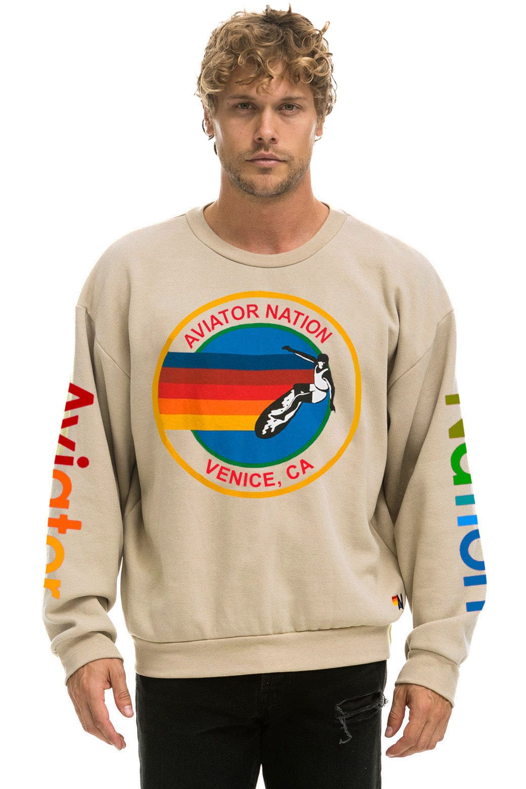 Retro AVIATOR NATION RELAXED VENICE CREW SWEATSHIRT - SAND
