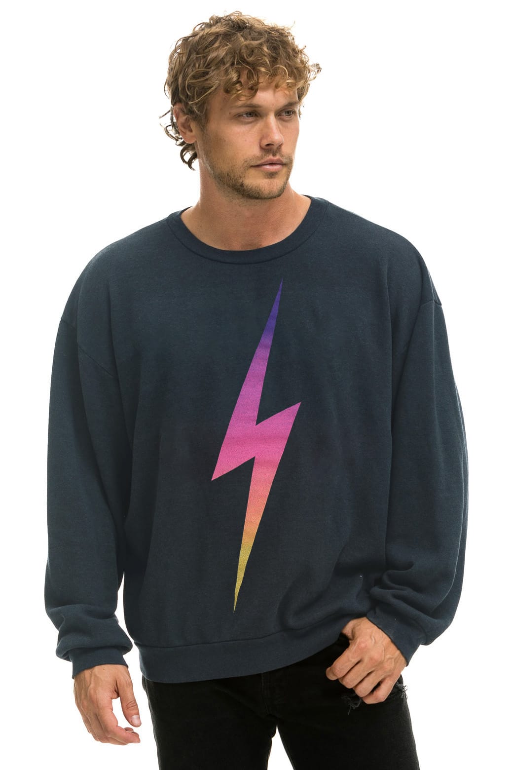 Retro BOLT FADE RELAXED CREW SWEATSHIRT - CHARCOAL PINK PURPLE
