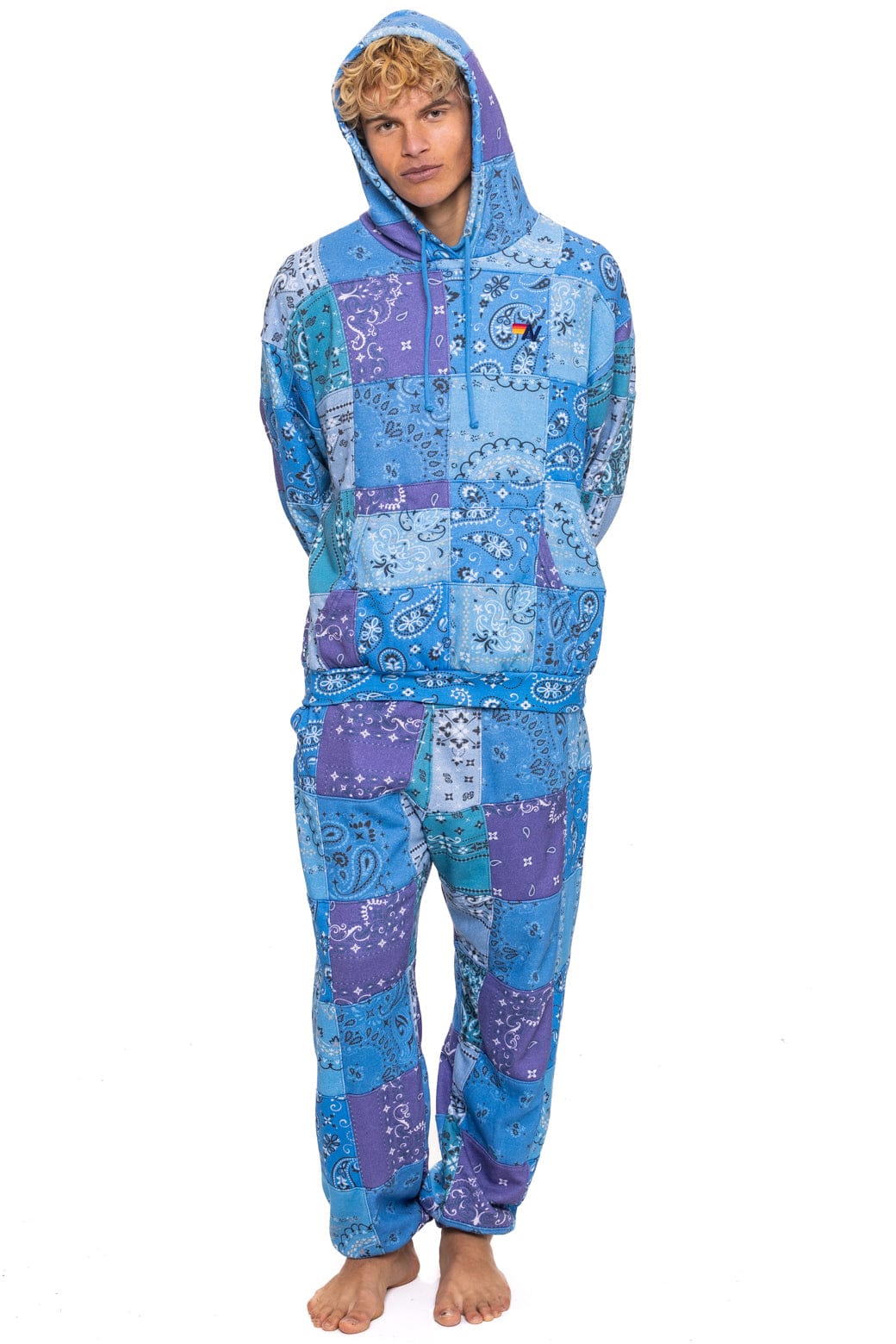 Retro BANDANA QUILTED RELAXED PULLOVER HOODIE - BLUE