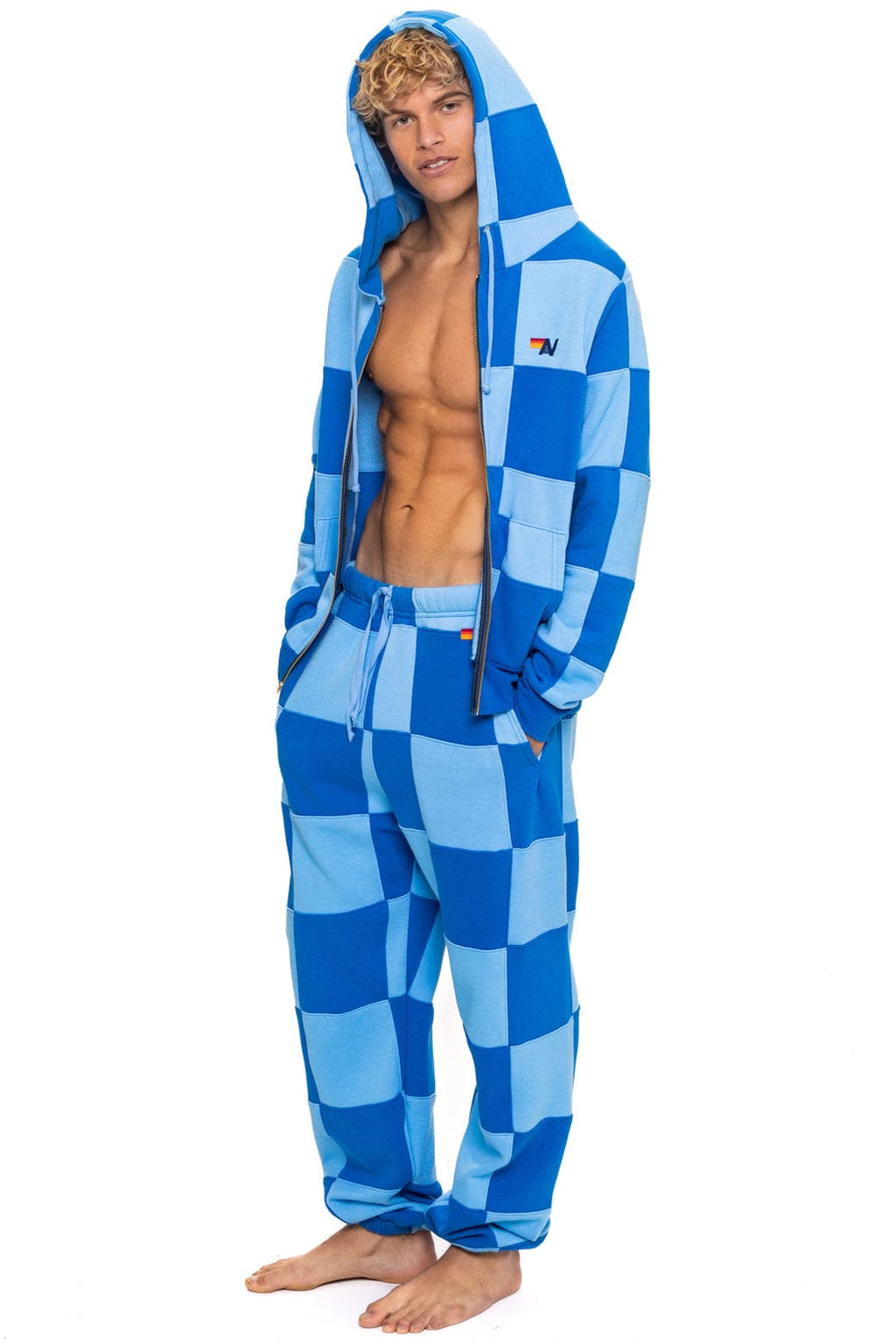 Retro CHECK QUILT ZIP HOODIE - SKY ADVENTURE BLUE