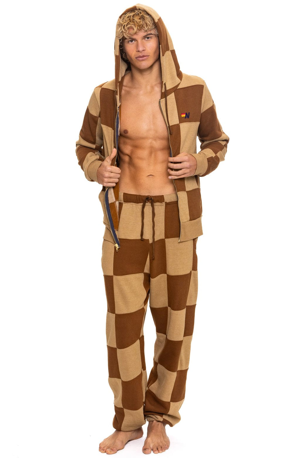 Retro CHECK QUILT ZIP HOODIE - TAN CINNAMON