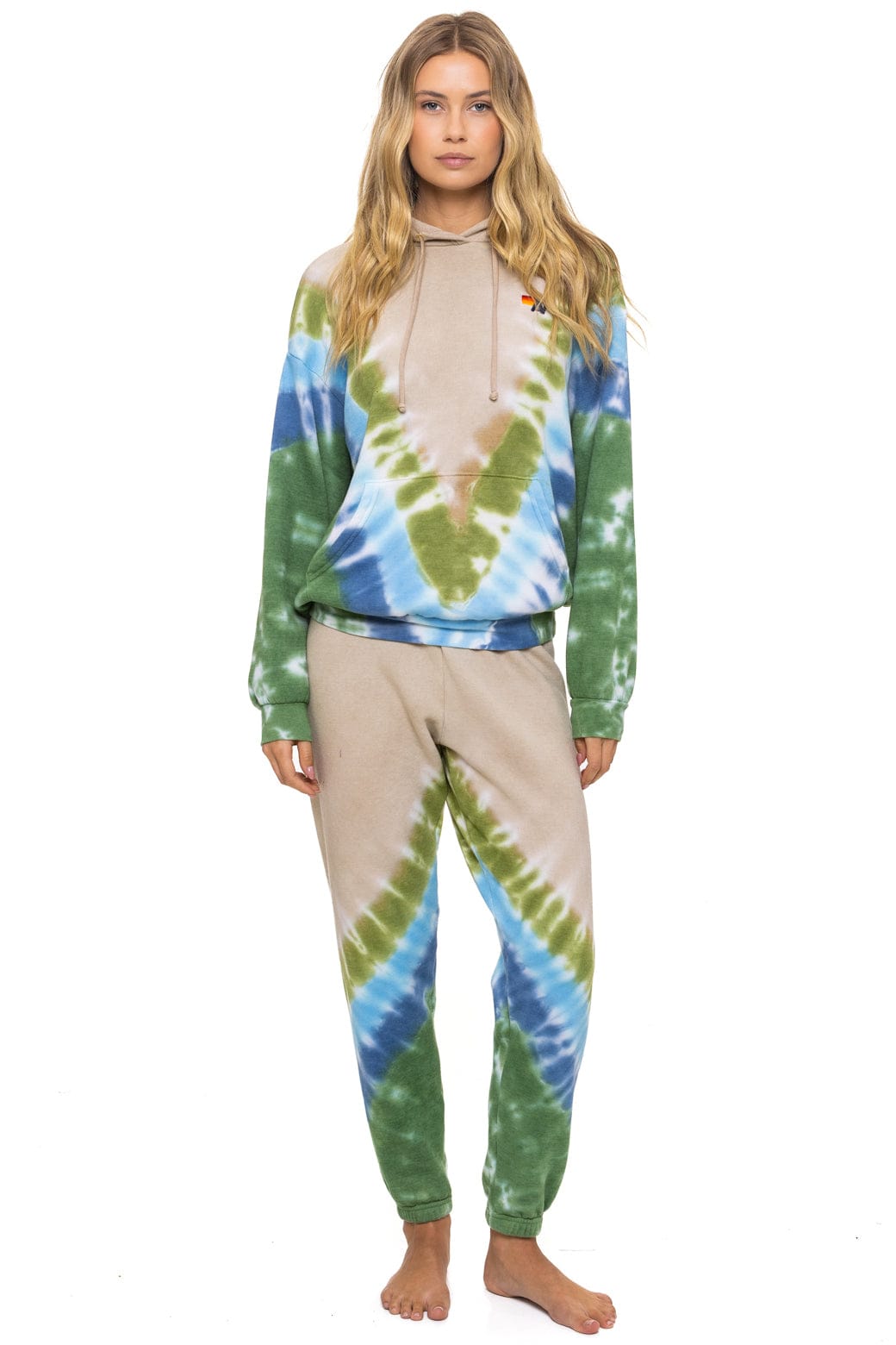 Retro HAND DYED V RELAXED PULLOVER HOODIE - TIE DYE SAND BLUE GREEN