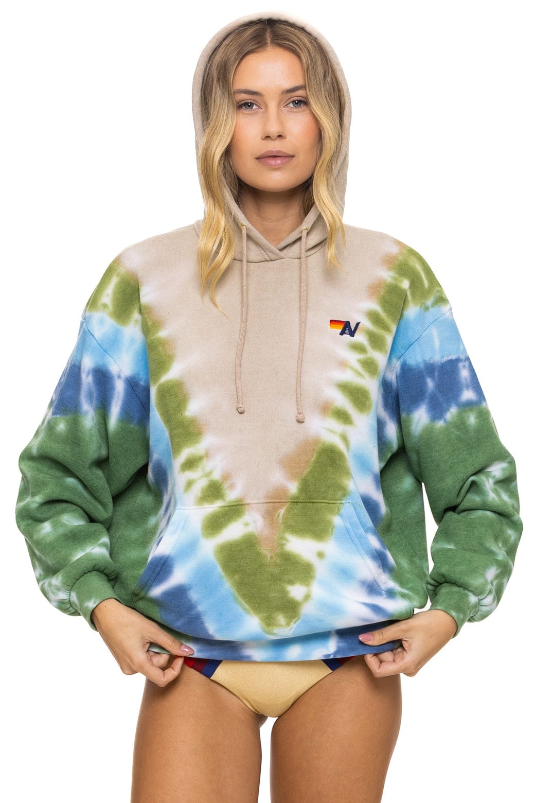 Retro HAND DYED V RELAXED PULLOVER HOODIE - TIE DYE SAND BLUE GREEN