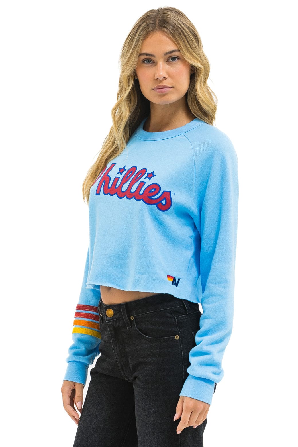 Retro PHILLIES RUGBY STITCH CROPPED CREW SWEATSHIRT - SKY