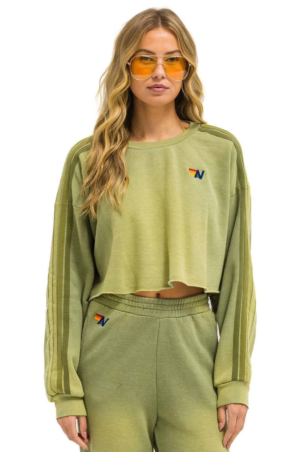 Retro CLASSIC STRIPE CROPPED CREW SWEATSHIRT RELAXED - FADED ARMY