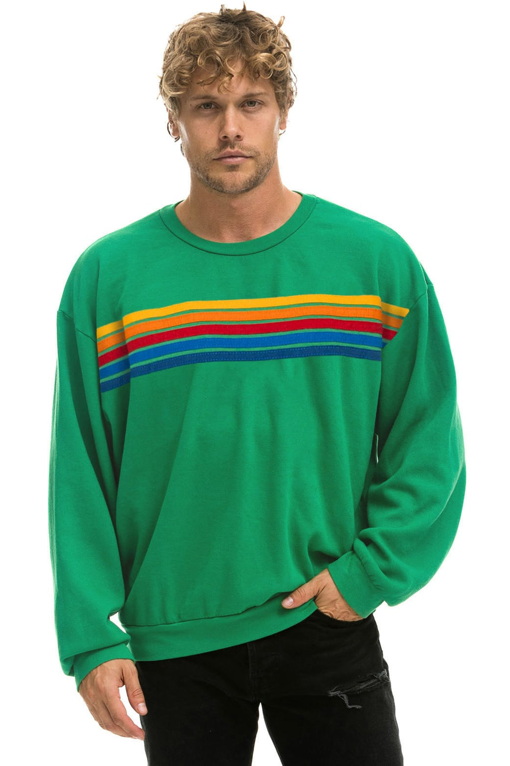 Retro 5 STRIPE RELAXED CREW SWEATSHIRT -KELLY GREEN
