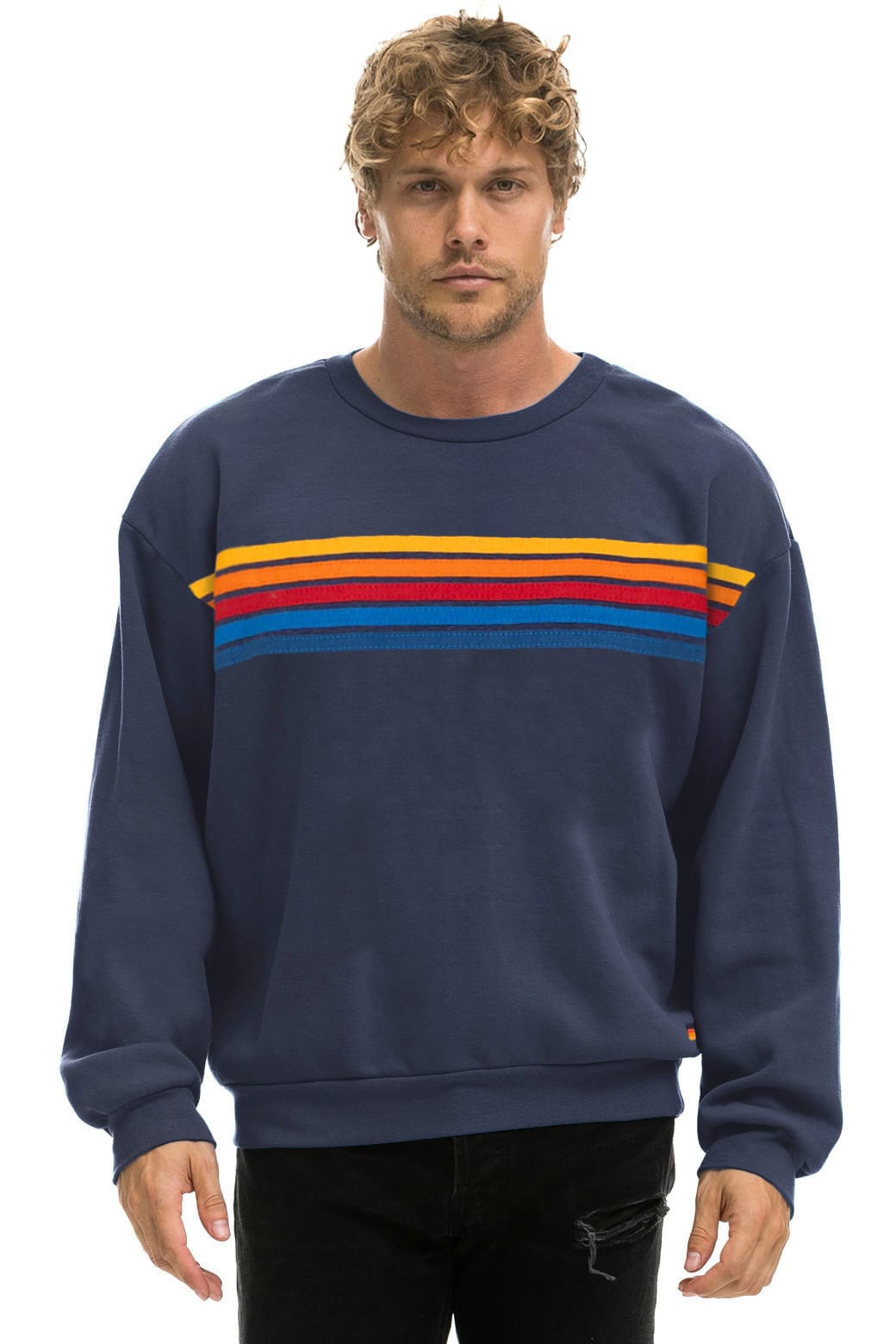 Retro 5 STRIPE RELAXED CREW SWEATSHIRT - NAVY