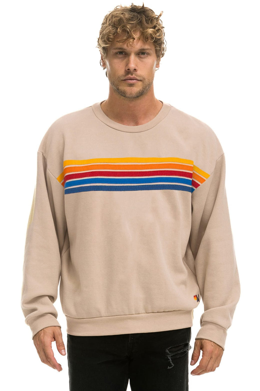 Retro 5 STRIPE RELAXED CREW SWEATSHIRT - SAND