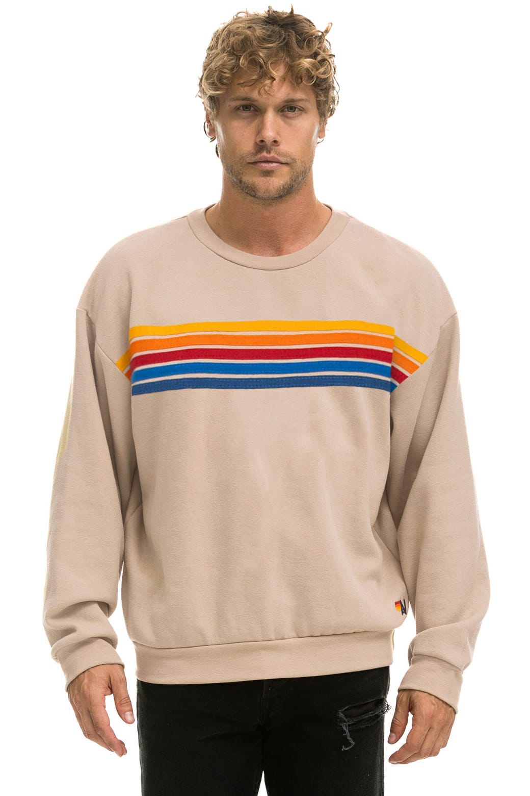 Retro 5 STRIPE RELAXED CREW SWEATSHIRT - SAND