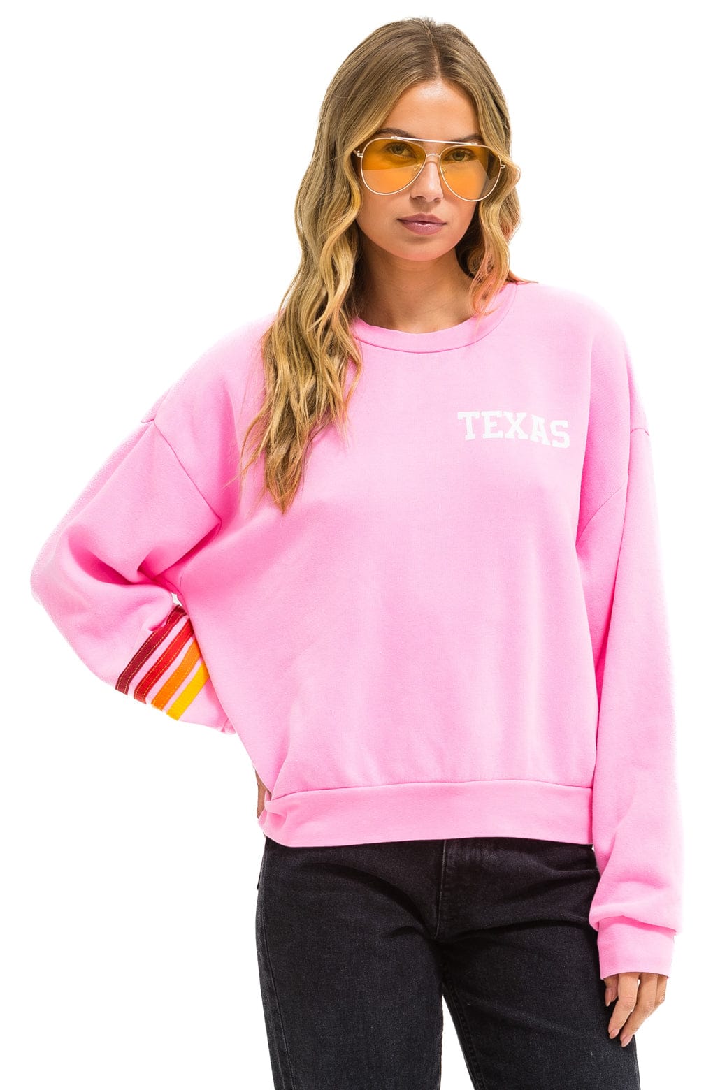 Retro UNIVERSITY OF TEXAS RUGBY STITCH CREW SWEATSHIRT RELAXED - NEON PINK
