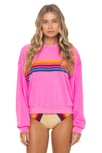 Retro 5 STRIPE RELAXED CREW SWEATSHIRT - NEON PINK
