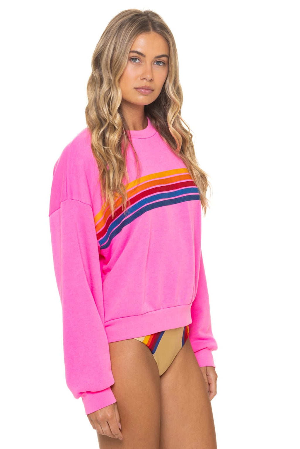 Retro 5 STRIPE RELAXED CREW SWEATSHIRT - NEON PINK