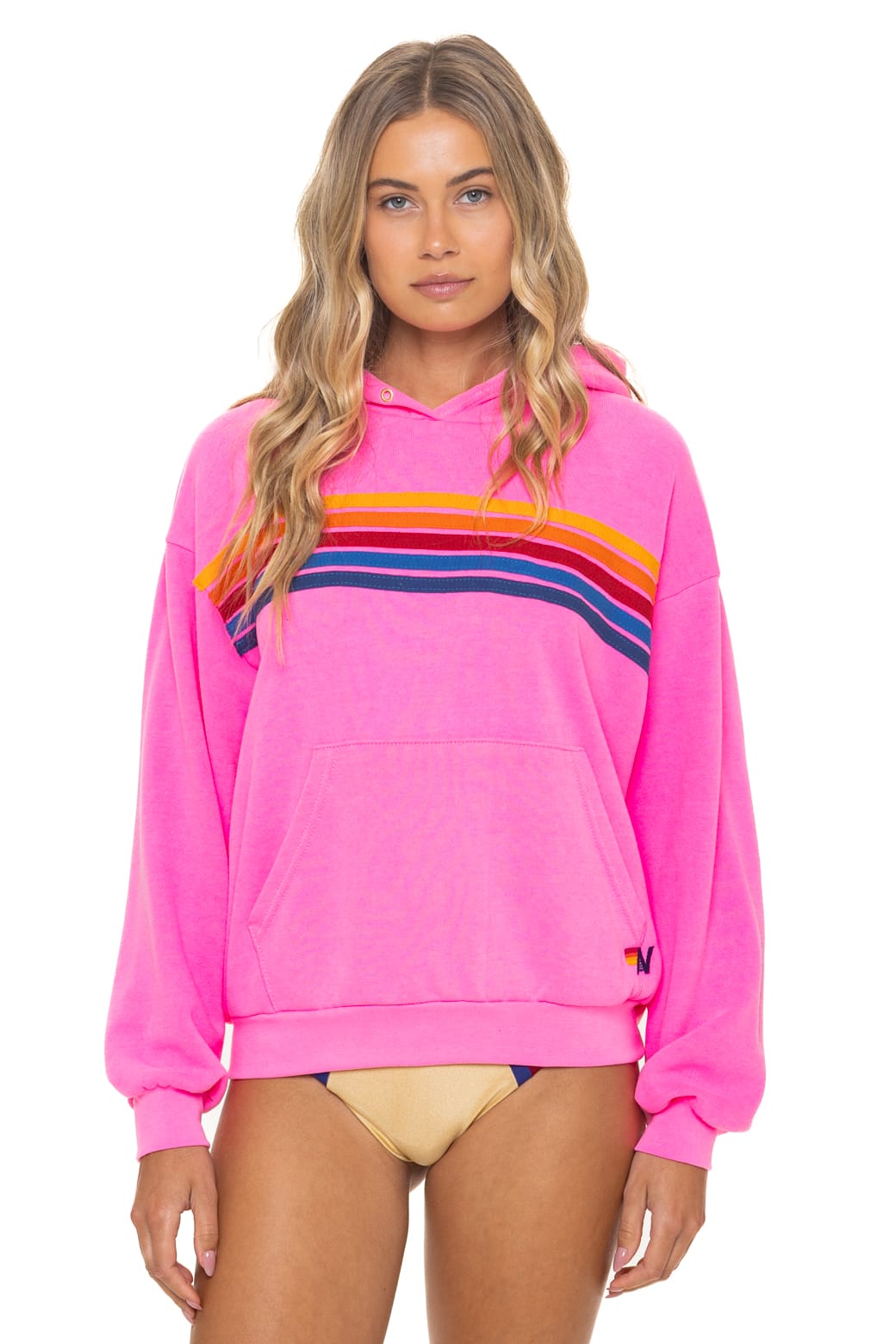 Retro 5 STRIPE RELAXED PULLOVER HOODIE - NEON PINK