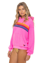 Retro 5 STRIPE RELAXED PULLOVER HOODIE - NEON PINK