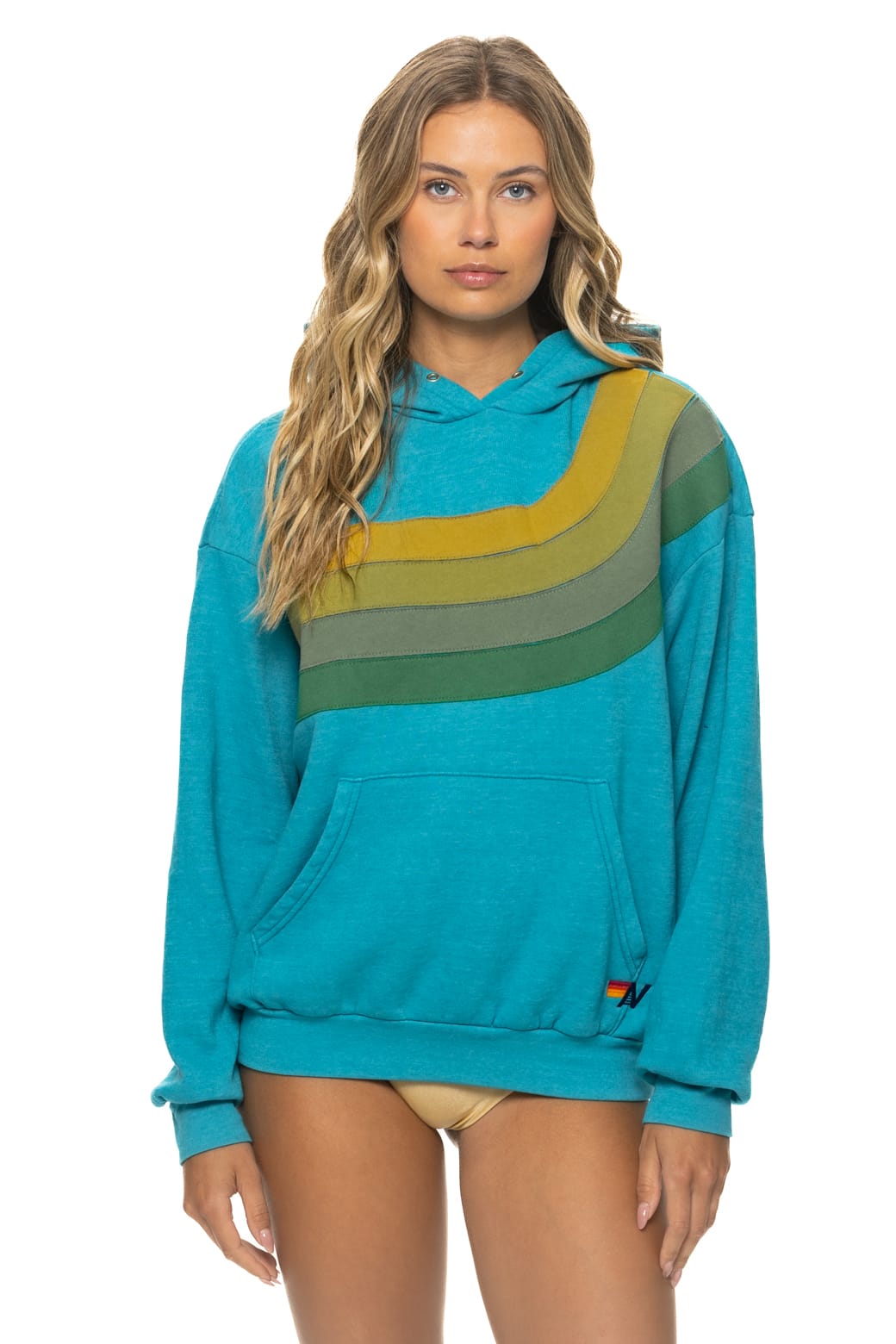 Retro WAVE STRIPE 4 PULLOVER HOODIE RELAXED - TEAL GREEN