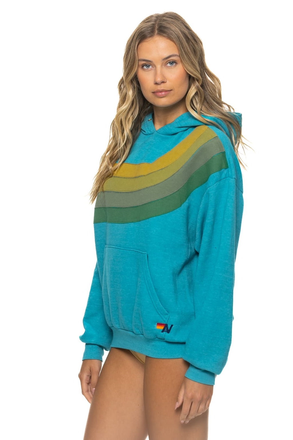 Retro WAVE STRIPE 4 PULLOVER HOODIE RELAXED - TEAL GREEN