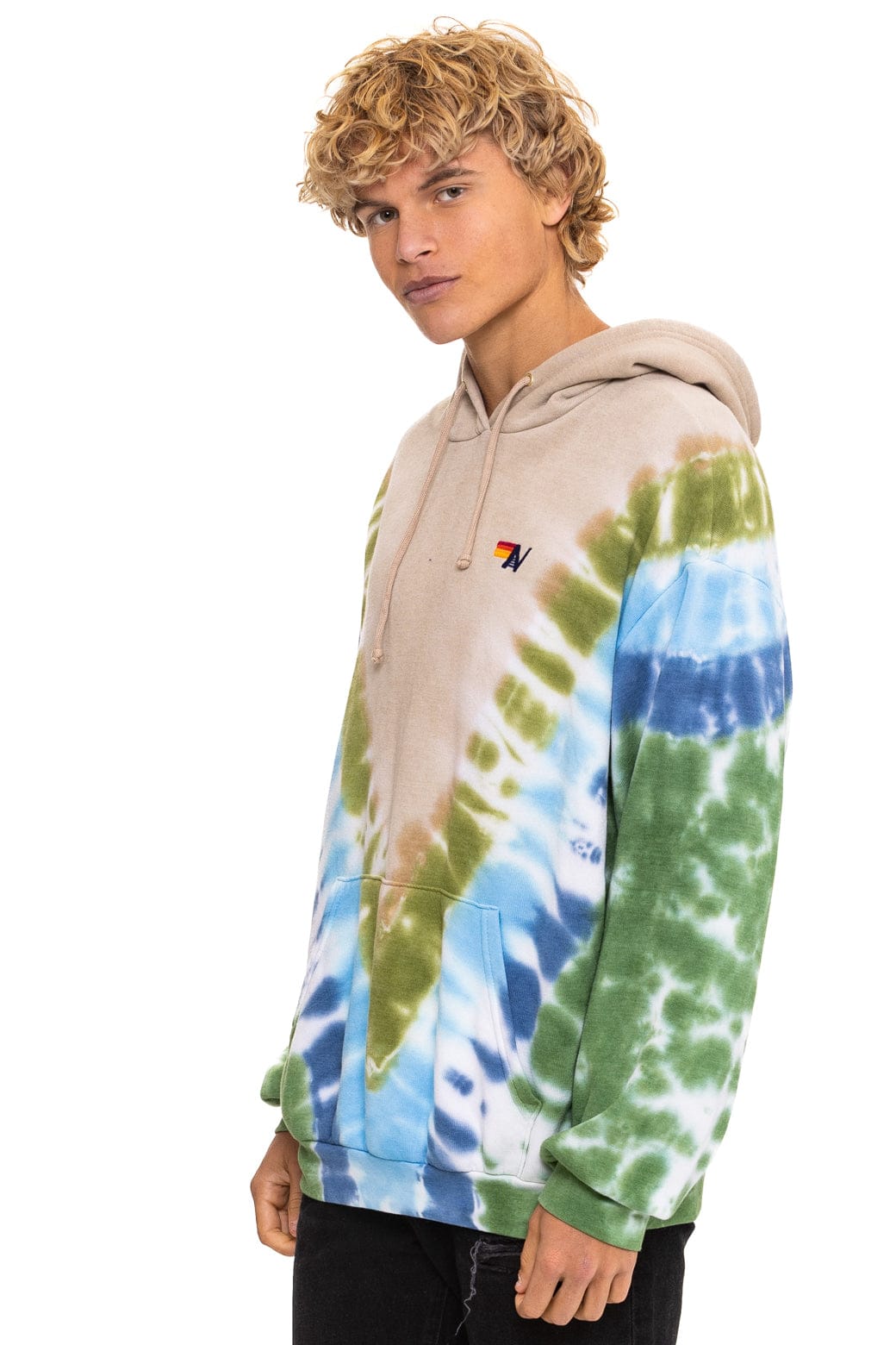 Retro HAND DYED V RELAXED PULLOVER HOODIE - TIE DYE SAND BLUE GREEN
