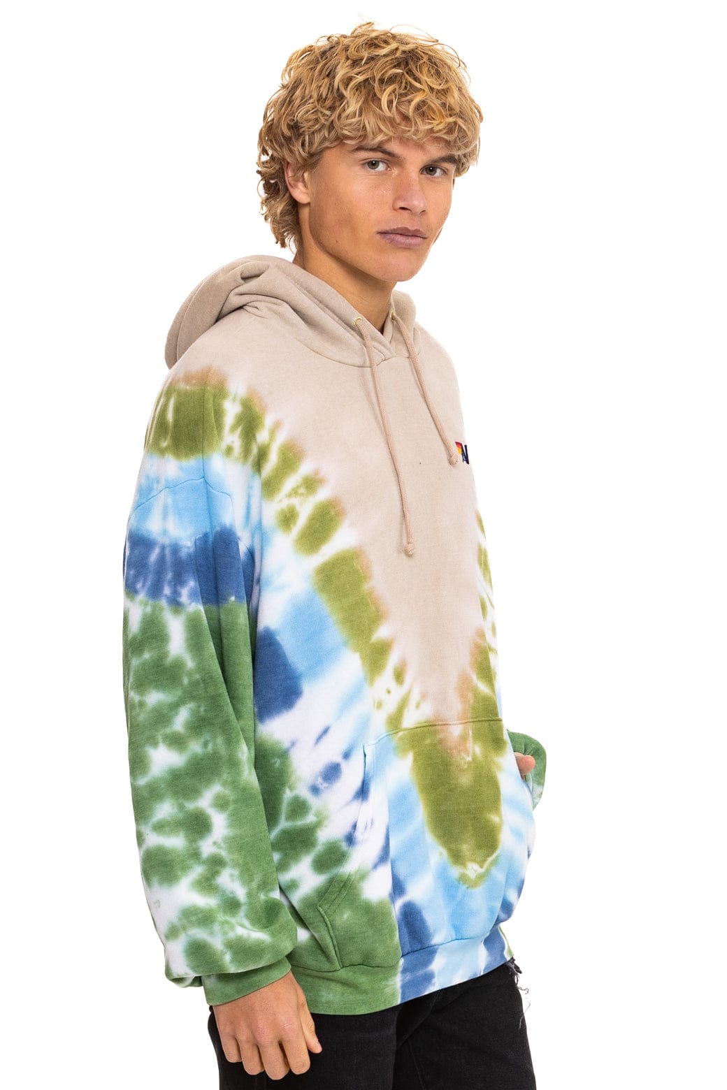 Retro HAND DYED V RELAXED PULLOVER HOODIE - TIE DYE SAND BLUE GREEN