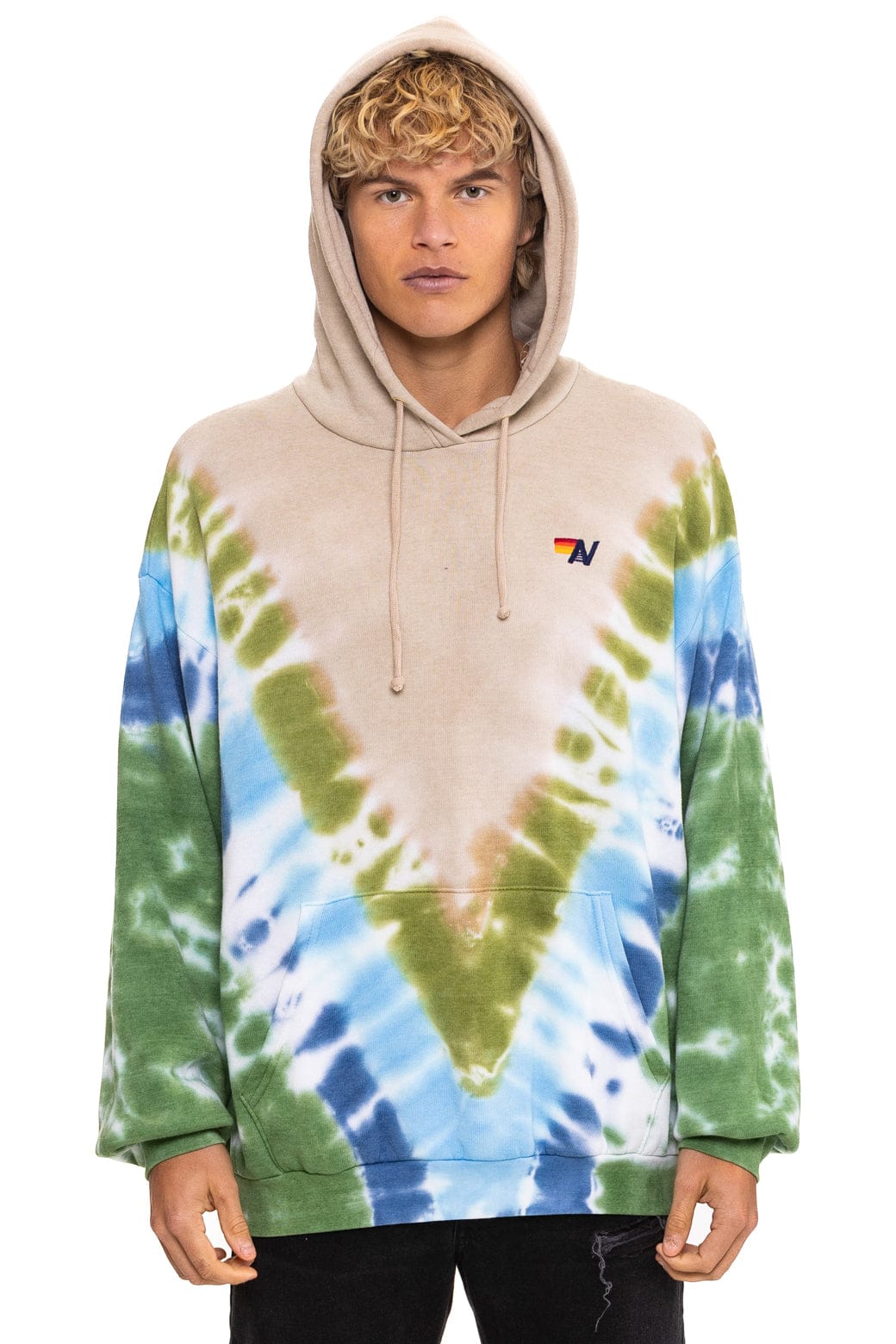 Retro HAND DYED V RELAXED PULLOVER HOODIE - TIE DYE SAND BLUE GREEN