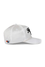 Retro MEMBERS EXCLUSIVE VINTAGE SATIN SCRIPT TRUCKER HAT - WHITE BLACK