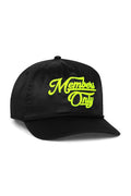 Retro MEMBERS EXCLUSIVE VINTAGE SATIN SCRIPT TRUCKER HAT - BLACK NEON YELLOW