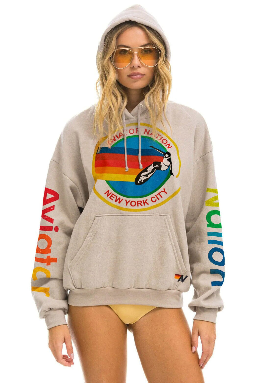 Retro AVIATOR NATION NEW YORK CITY RELAXED PULLOVER HOODIE - SAND