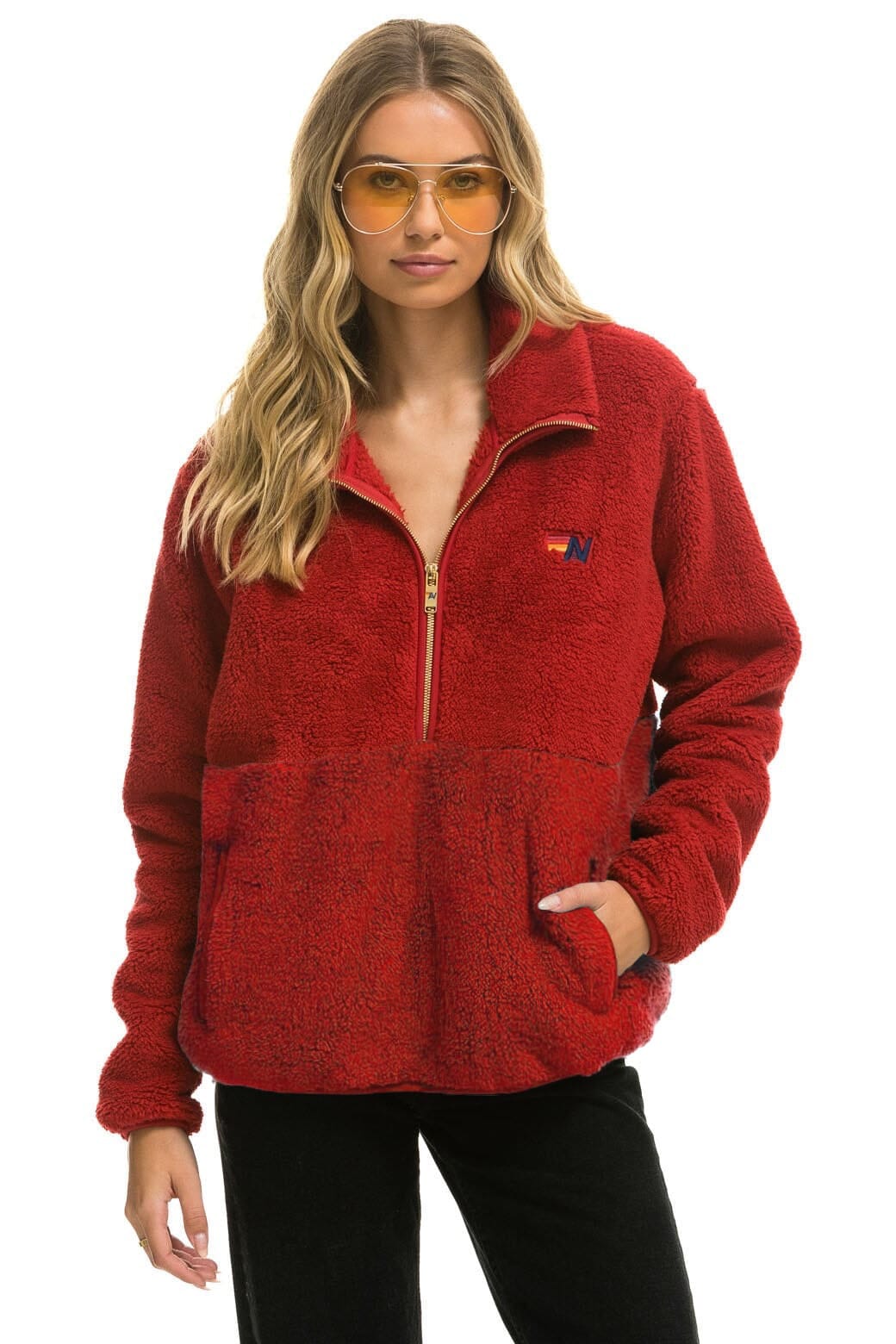 Retro TEDDY UNISEX HALF ZIP JACKET - CHERRY