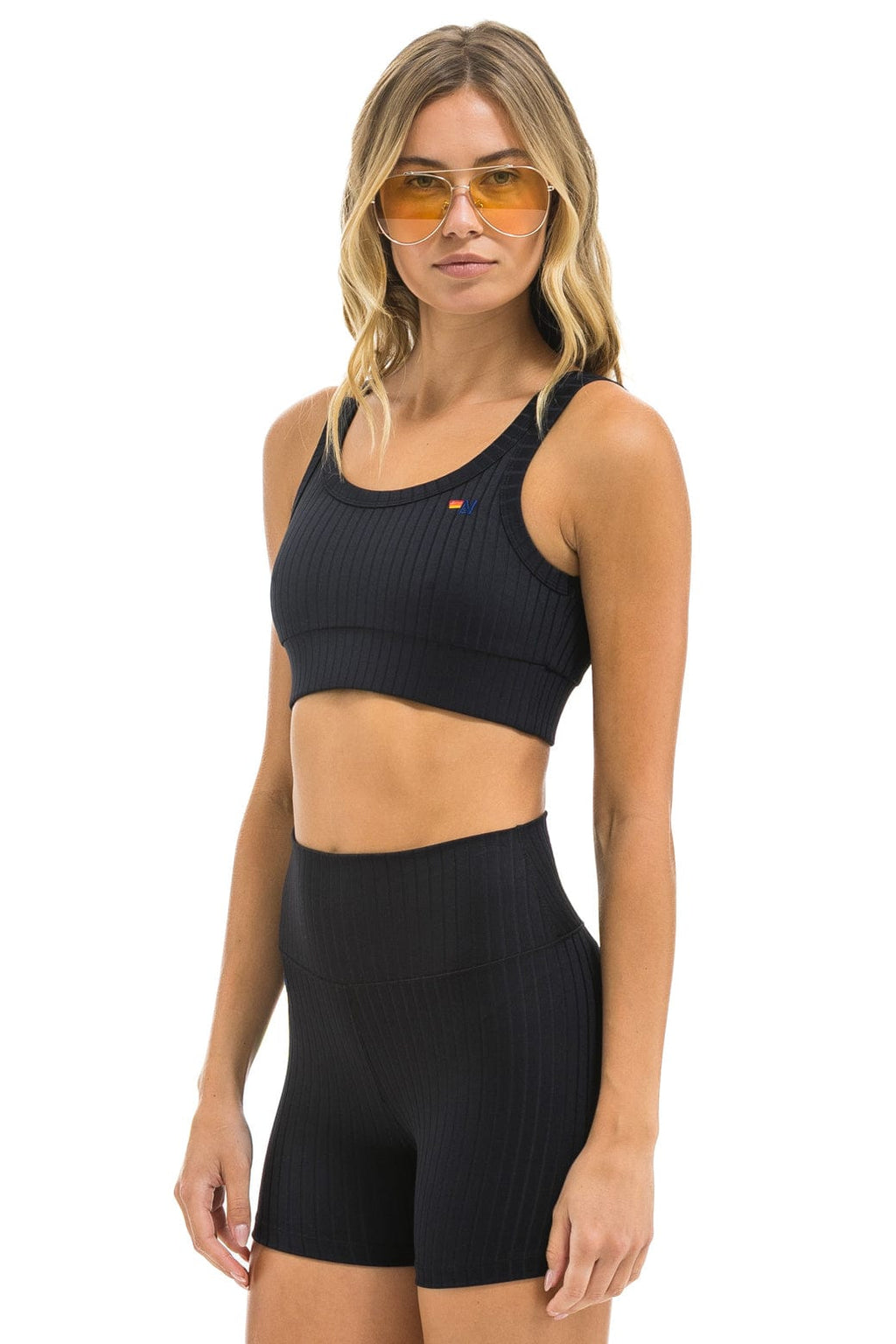 Retro WIDE RIB WOMENS SCOOP BACK SPORTS BRA - BLACK