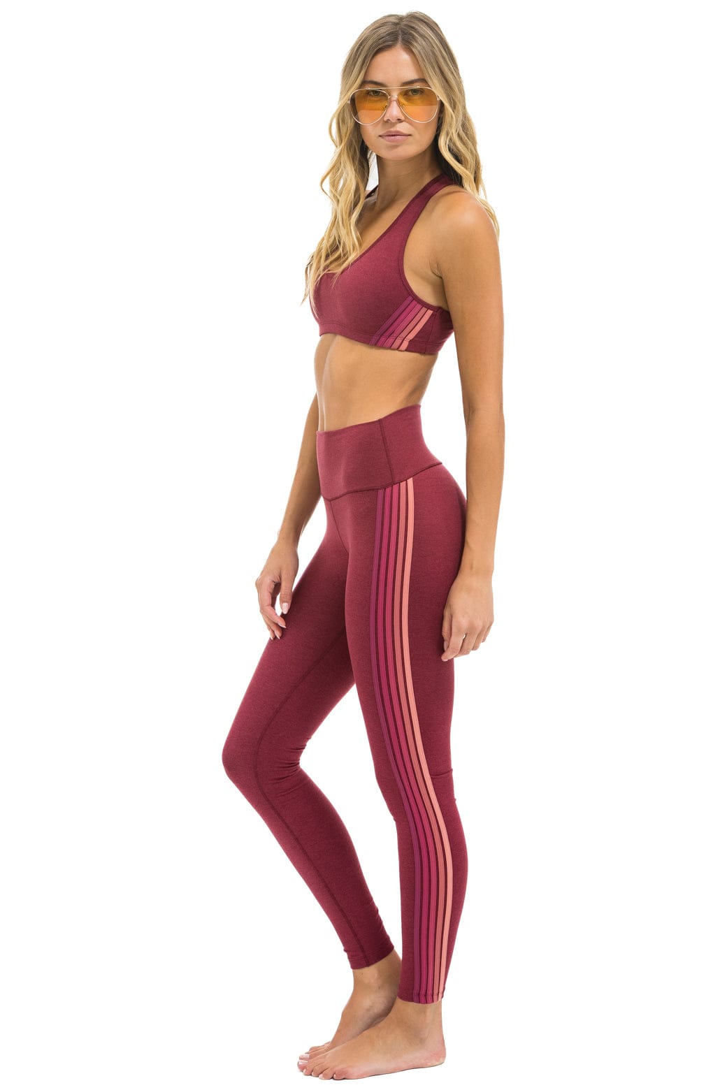 Retro FULL LENGTH HI-RISE 5 STRIPE LEGGINGS - BERRY