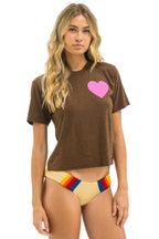 Retro HEART PRINT BOYFRIEND TEE - CHOCOLATE NEON PINK