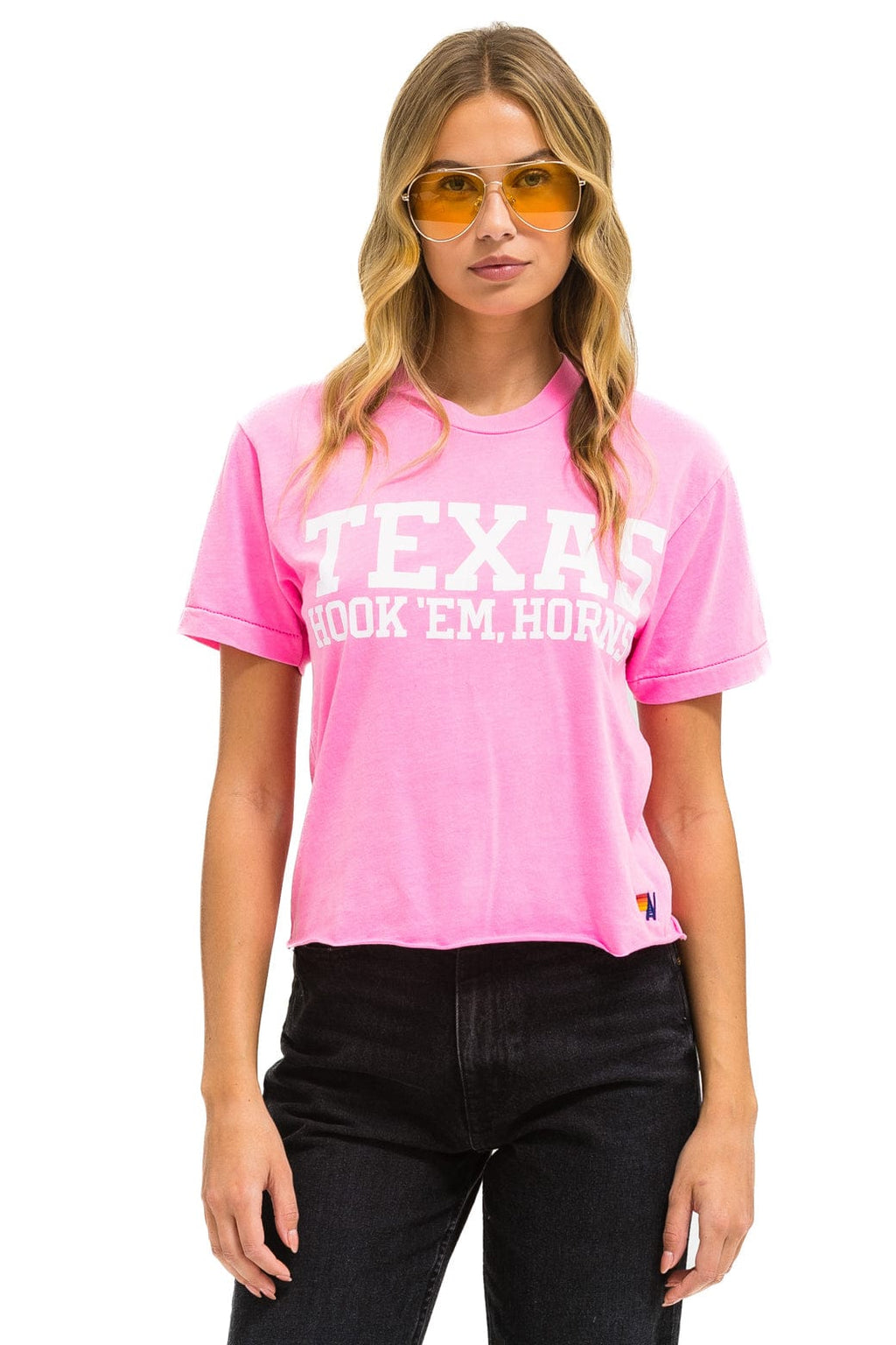 Retro UNIVERSITY OF TEXAS BOLT HOOKEM BOYFRIEND TEE - NEON PINK