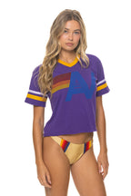 Retro LOGO V-NECK JERSEY BOYFRIEND TEE - DEEP PURPLE WHITE GOLD