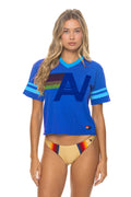 Retro LOGO V-NECK JERSEY BOYFRIEND TEE - OCEAN NEON BLUE