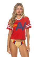 Retro LOGO V-NECK JERSEY BOYFRIEND TEE - RED WHITE