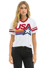 Retro USA STAR VNECK JERSEY BOYFRIEND TEE - WHITE RED