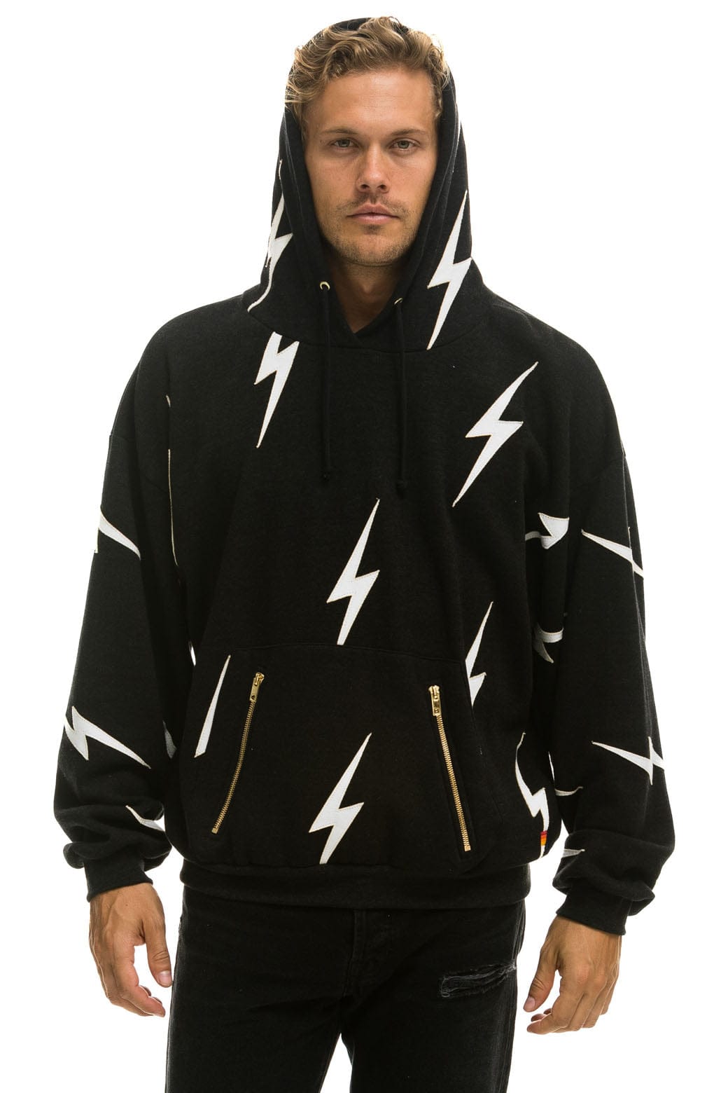 Retro BOLT STITCH REPEAT RELAXED PULLOVER HOODIE WITH POCKET ZIPPERS - BLACK WHITE