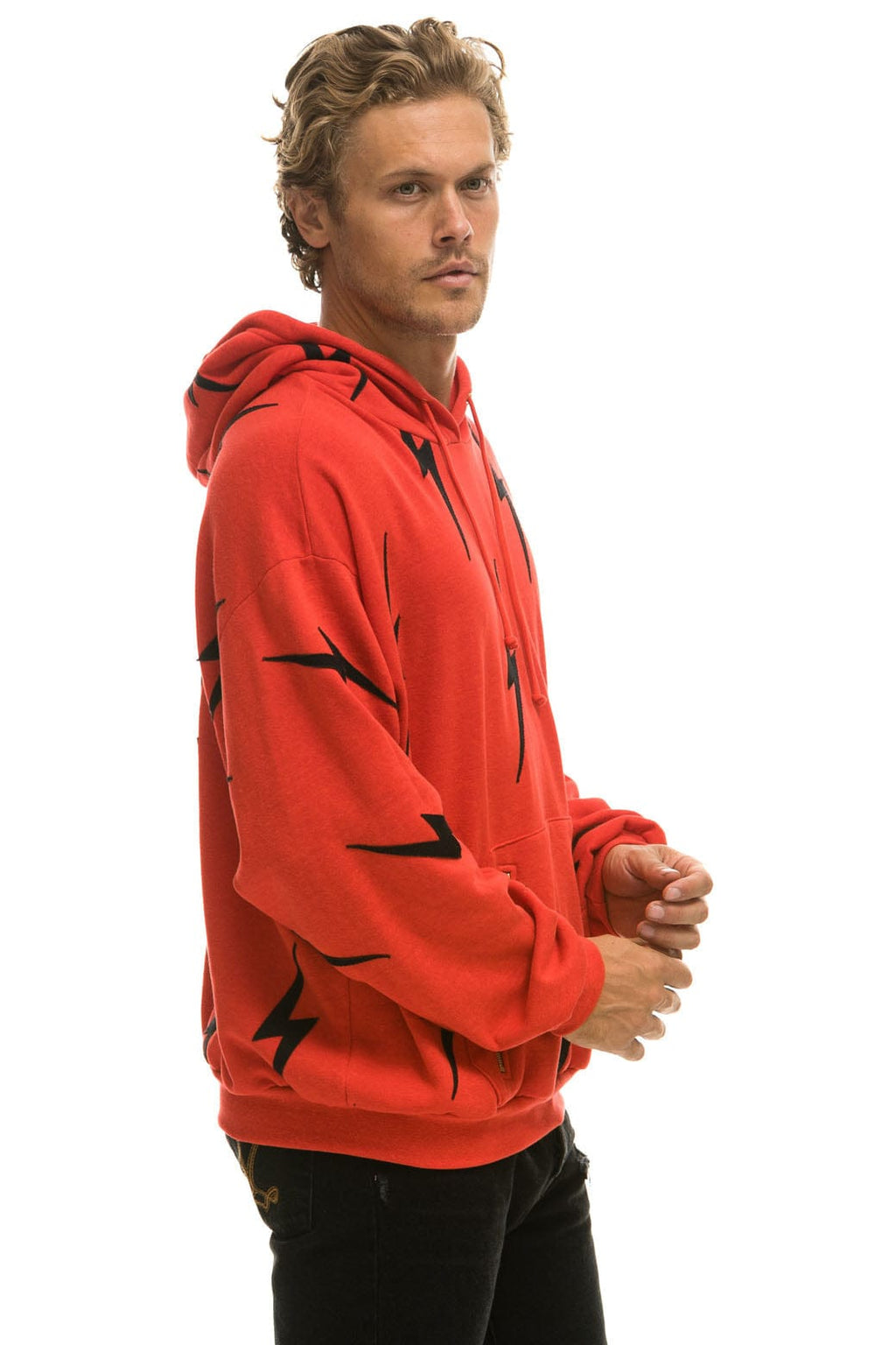 Retro BOLT STITCH REPEAT RELAXED PULLOVER HOODIE WITH POCKET ZIPPERS - RED BLACK
