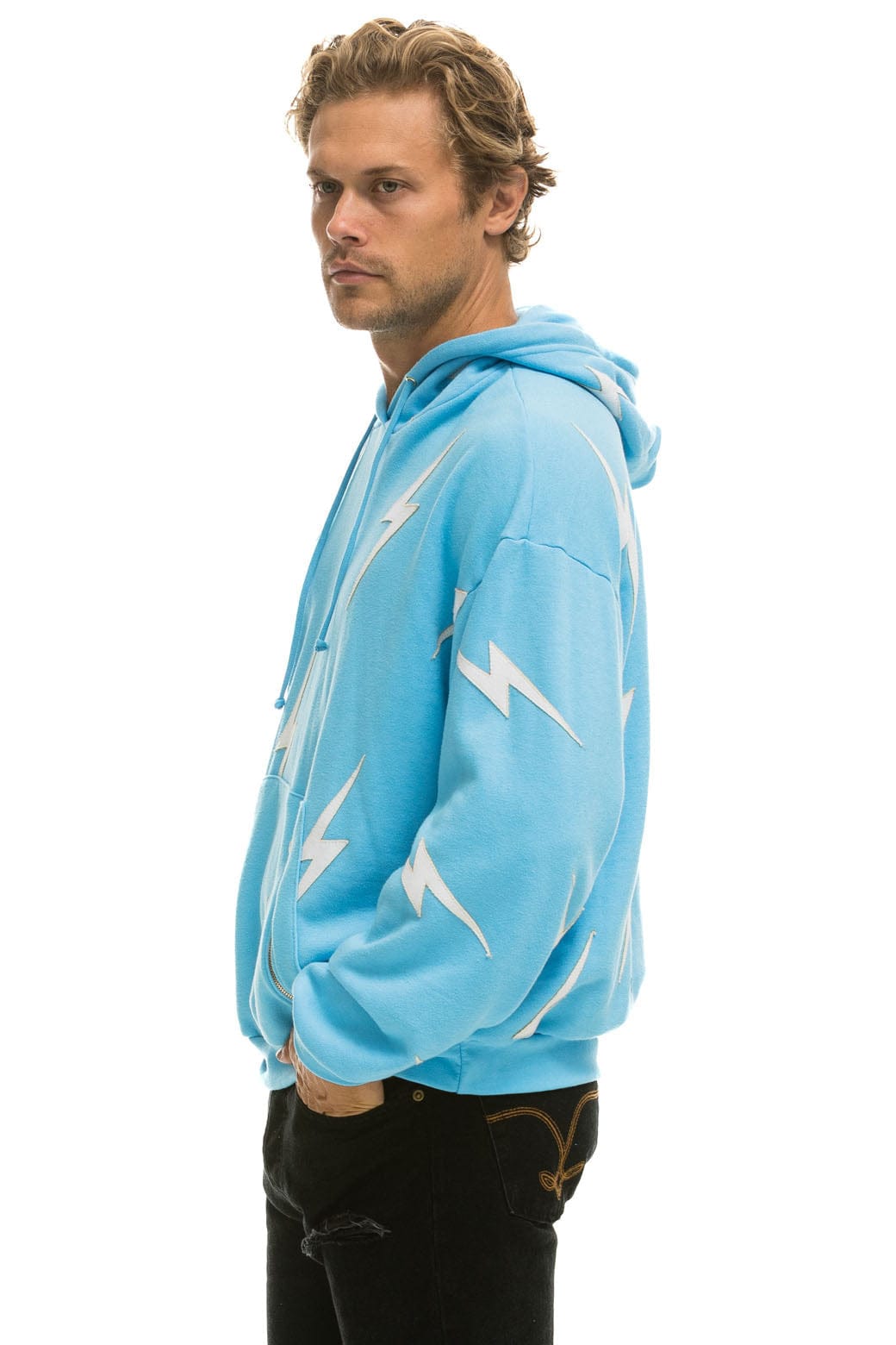 Retro BOLT STITCH REPEAT RELAXED PULLOVER HOODIE WITH POCKET ZIPPERS - SKY WHITE