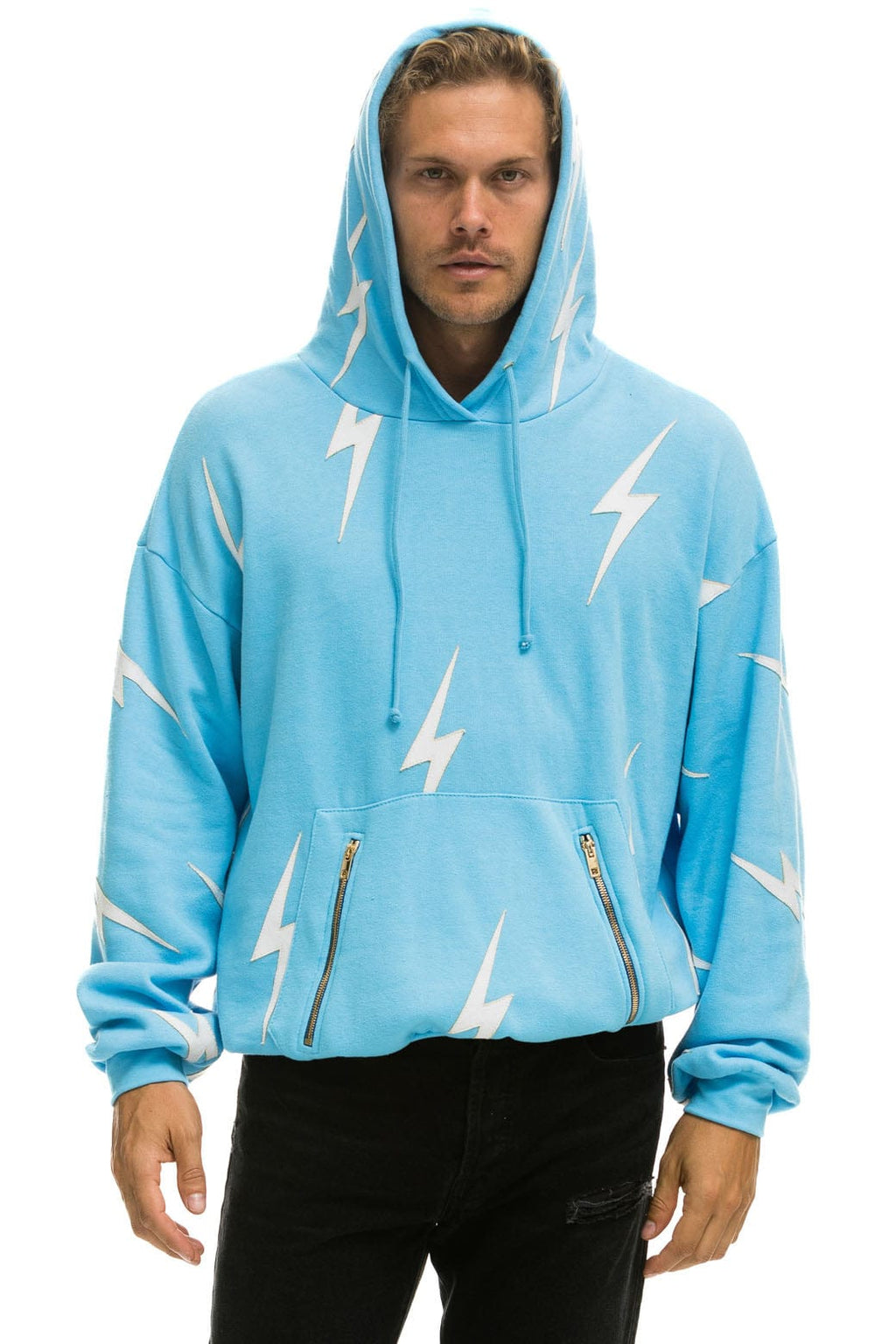 Retro BOLT STITCH REPEAT RELAXED PULLOVER HOODIE WITH POCKET ZIPPERS - SKY WHITE