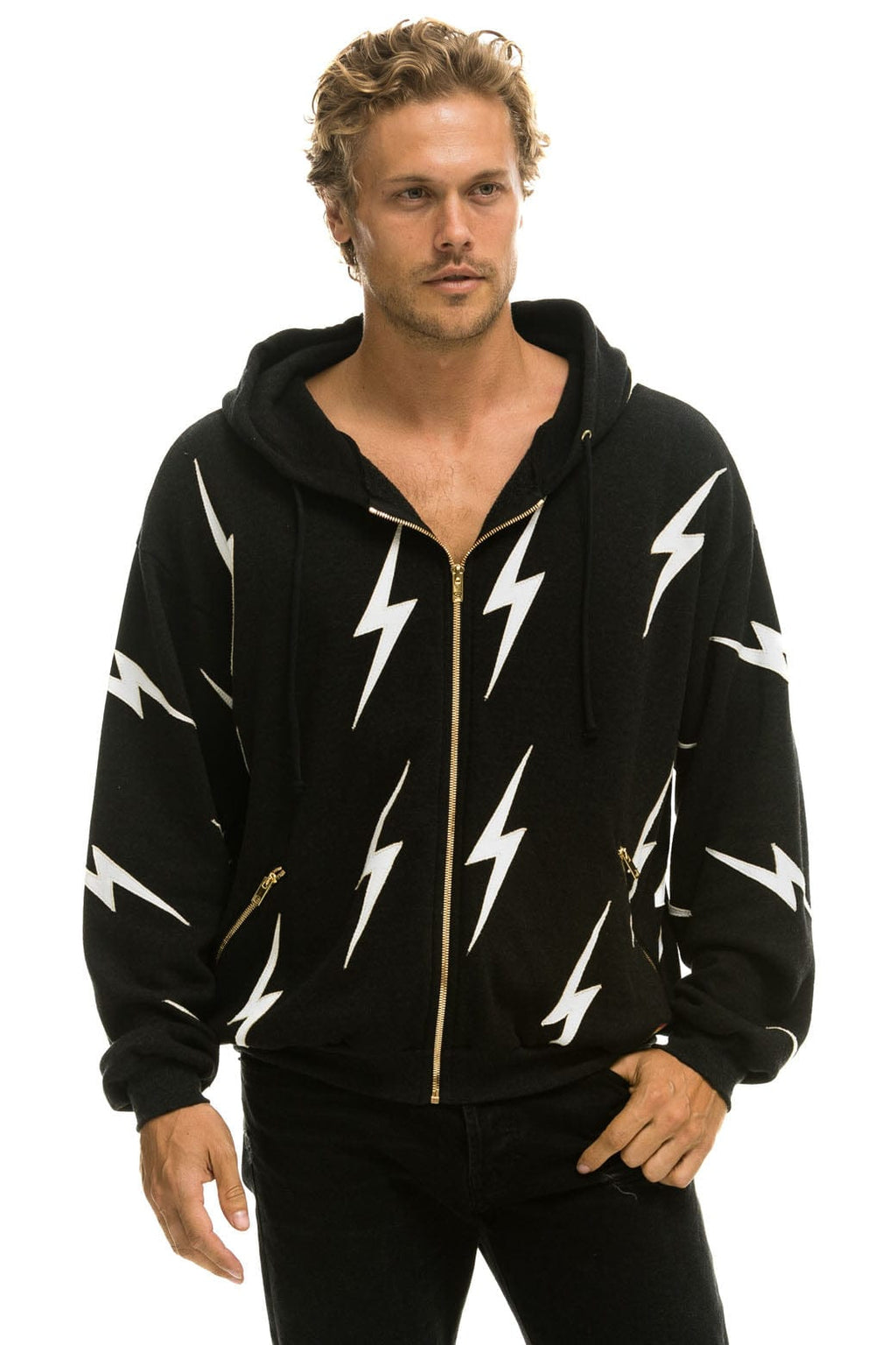 Retro BOLT STITCH REPEAT RELAXED ZIP HOODIE WITH POCKET ZIPPERS- BLACK WHITE