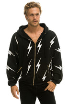 Retro BOLT STITCH REPEAT RELAXED ZIP HOODIE WITH POCKET ZIPPERS- BLACK WHITE