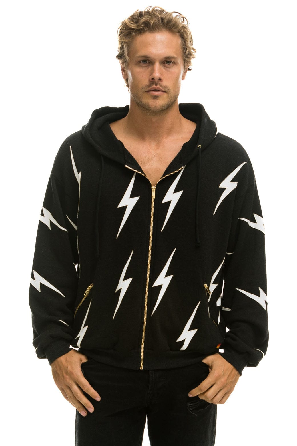 Retro BOLT STITCH REPEAT RELAXED ZIP HOODIE WITH POCKET ZIPPERS- BLACK WHITE